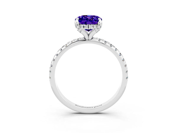 White gold Oval Cut Tanzanite Hidden Halo Engagement Ring with Round Pavé Band and Prong Setting