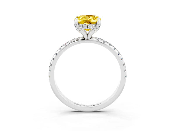White gold Oval Cut Yellow Sapphire Hidden Halo Engagement Ring with Round Pavé Band and Prong Setting
