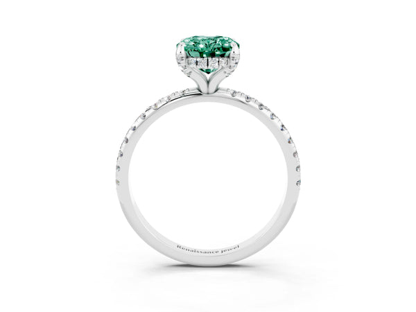 Silver Oval Cut Green Sapphire Hidden Halo Engagement Ring with Round Pavé Band and Prong Setting