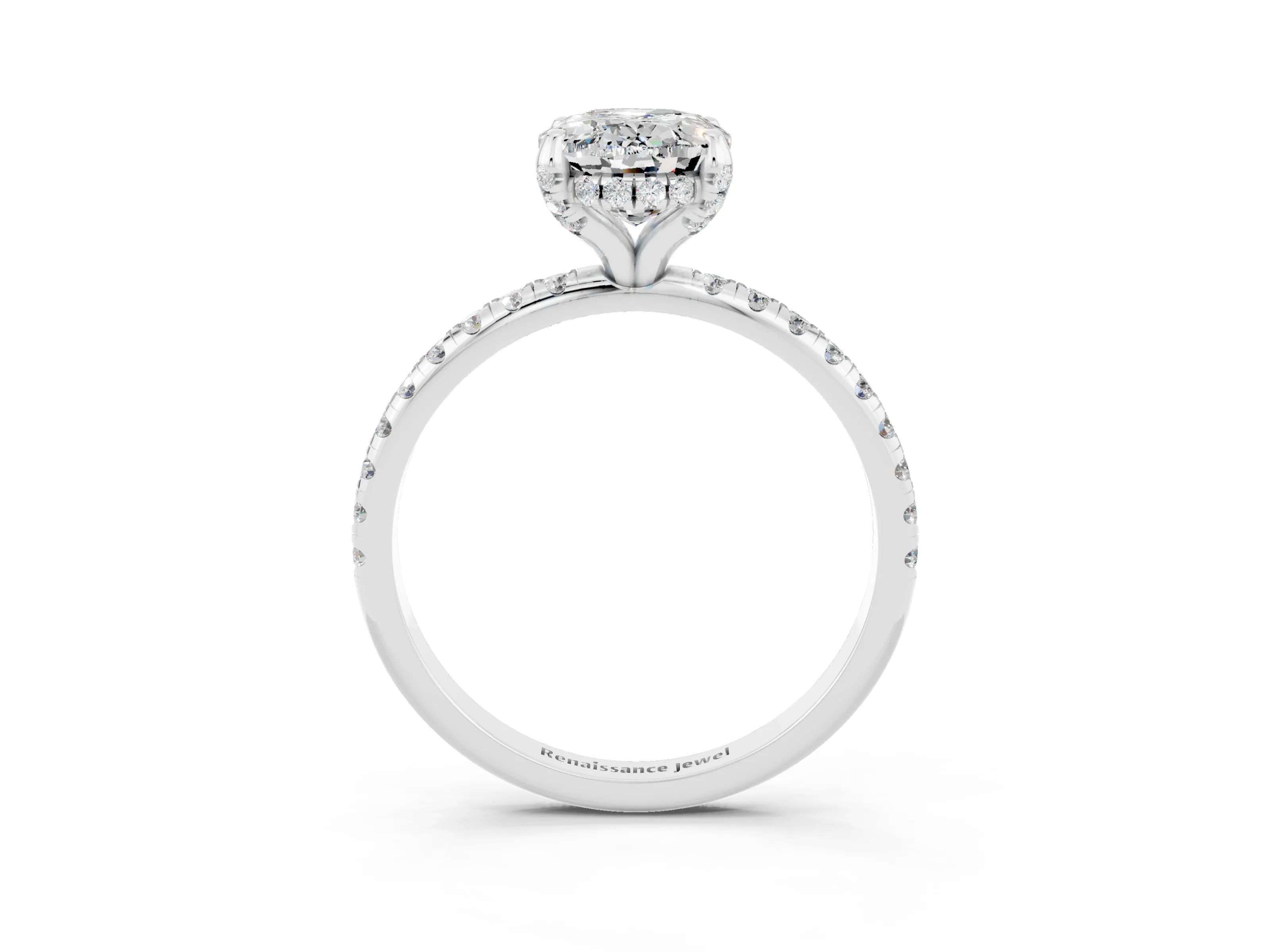 White gold Oval Cut Diamond Solitaire Ring with Four-Prong Setting and Pavé Band_3