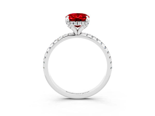 Platinum Oval Cut Diamond Solitaire Ring with Four-Prong Setting and Pavé Band