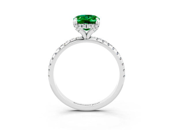 Platinum Oval Cut Emerald Hidden Halo Engagement Ring with Round Pavé Band and Prong Setting