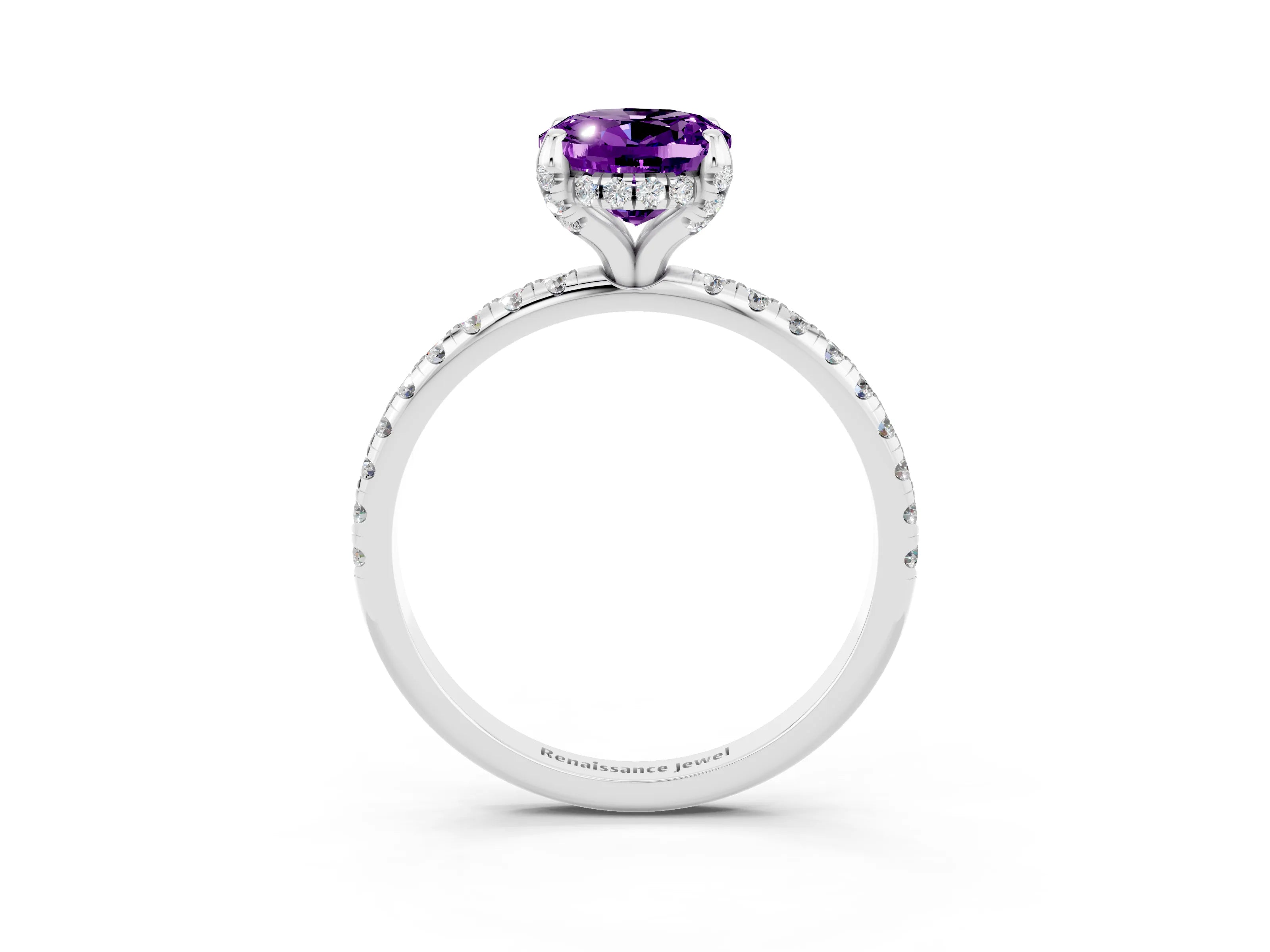 White gold Oval Cut Diamond Solitaire Ring with Four-Prong Setting and Pavé Band_3