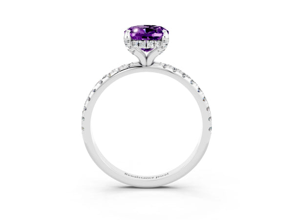 White gold Oval Cut Amethyst Hidden Halo Engagement Ring with Round Pavé Band and Prong Setting