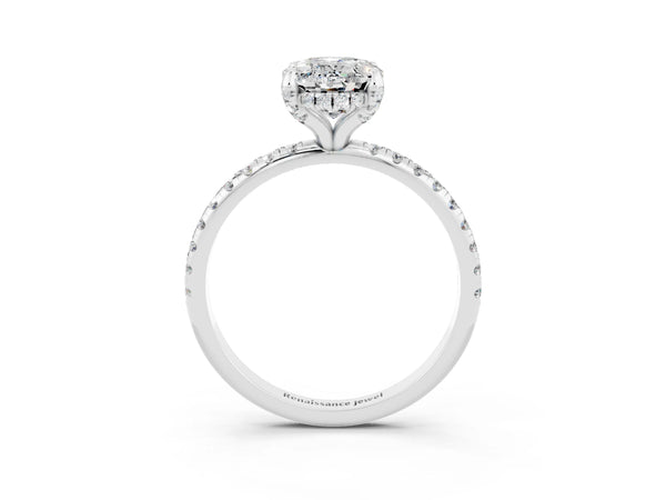 White gold Oval Cut Moissanite Hidden Halo Engagement Ring with Round Pavé Band and Prong Setting