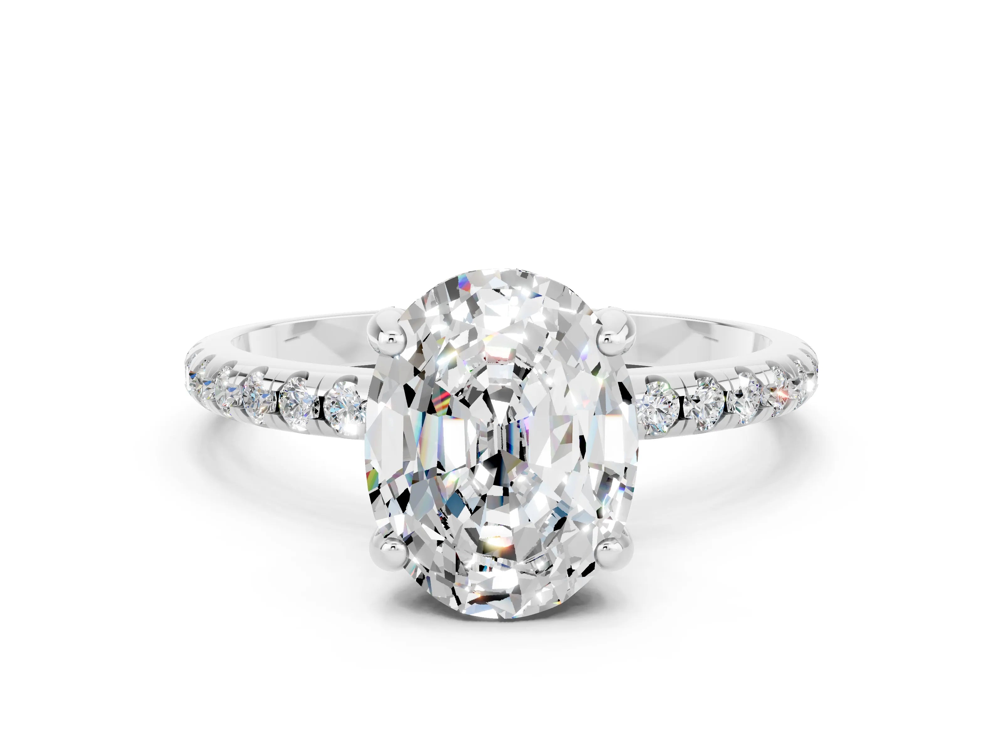 White gold Oval Cut Diamond Solitaire Ring with Four-Prong Setting and Pavé Band