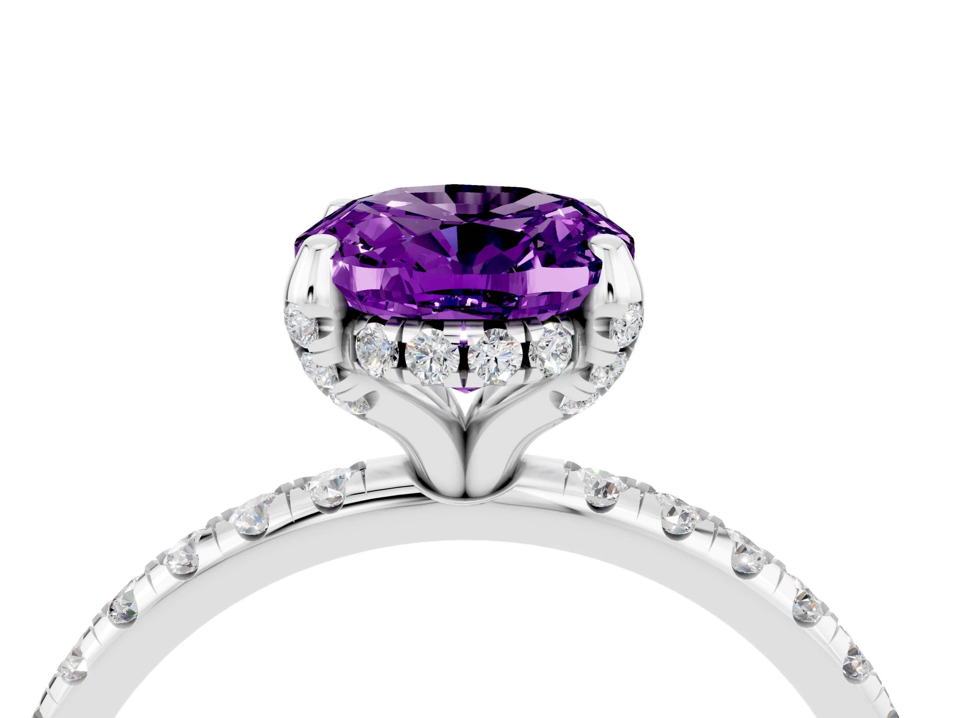 White gold Oval Cut Diamond Solitaire Ring with Four-Prong Setting and Pavé Band_4