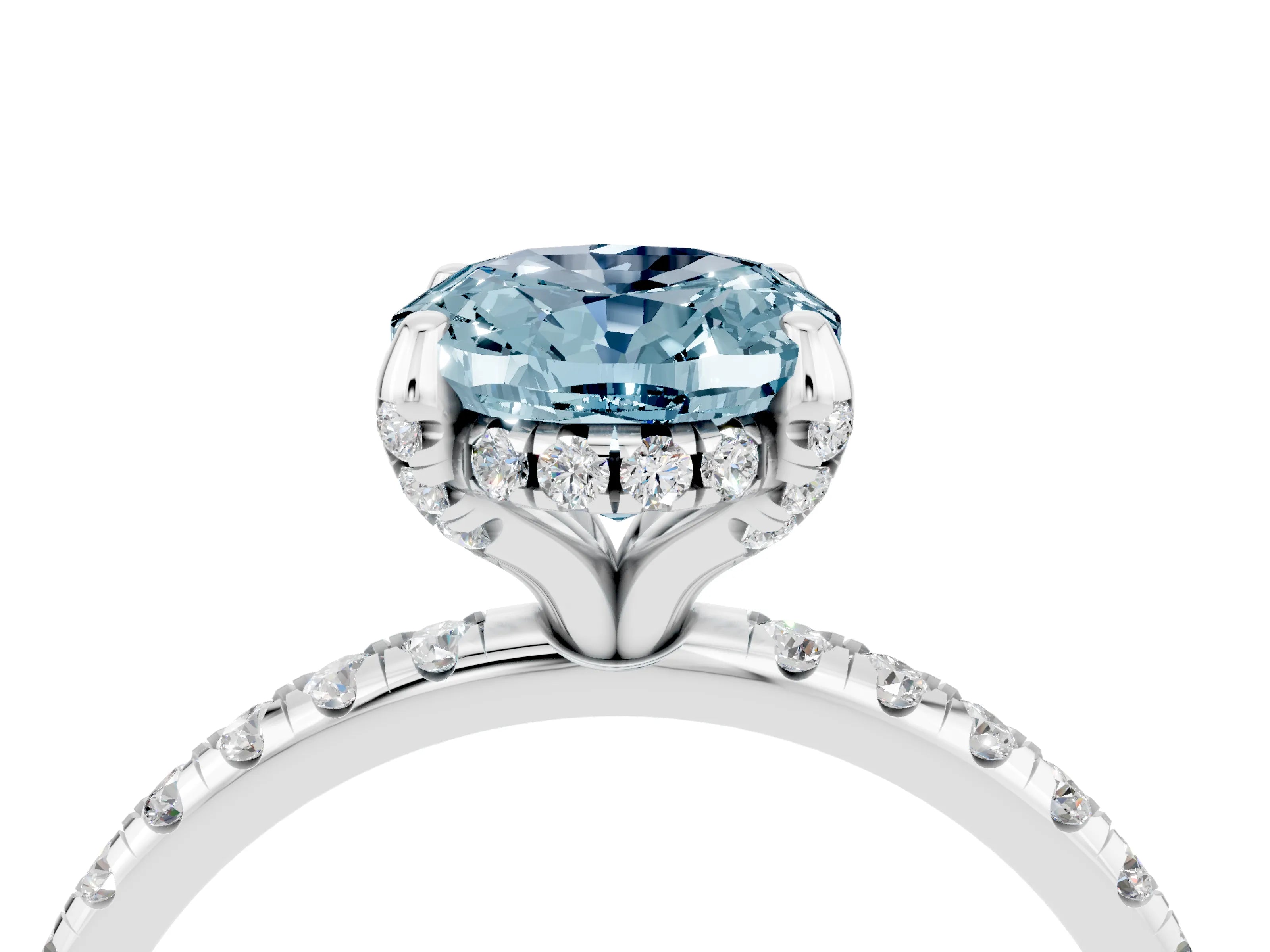 White gold Oval Cut Diamond Solitaire Ring with Four-Prong Setting and Pavé Band_4