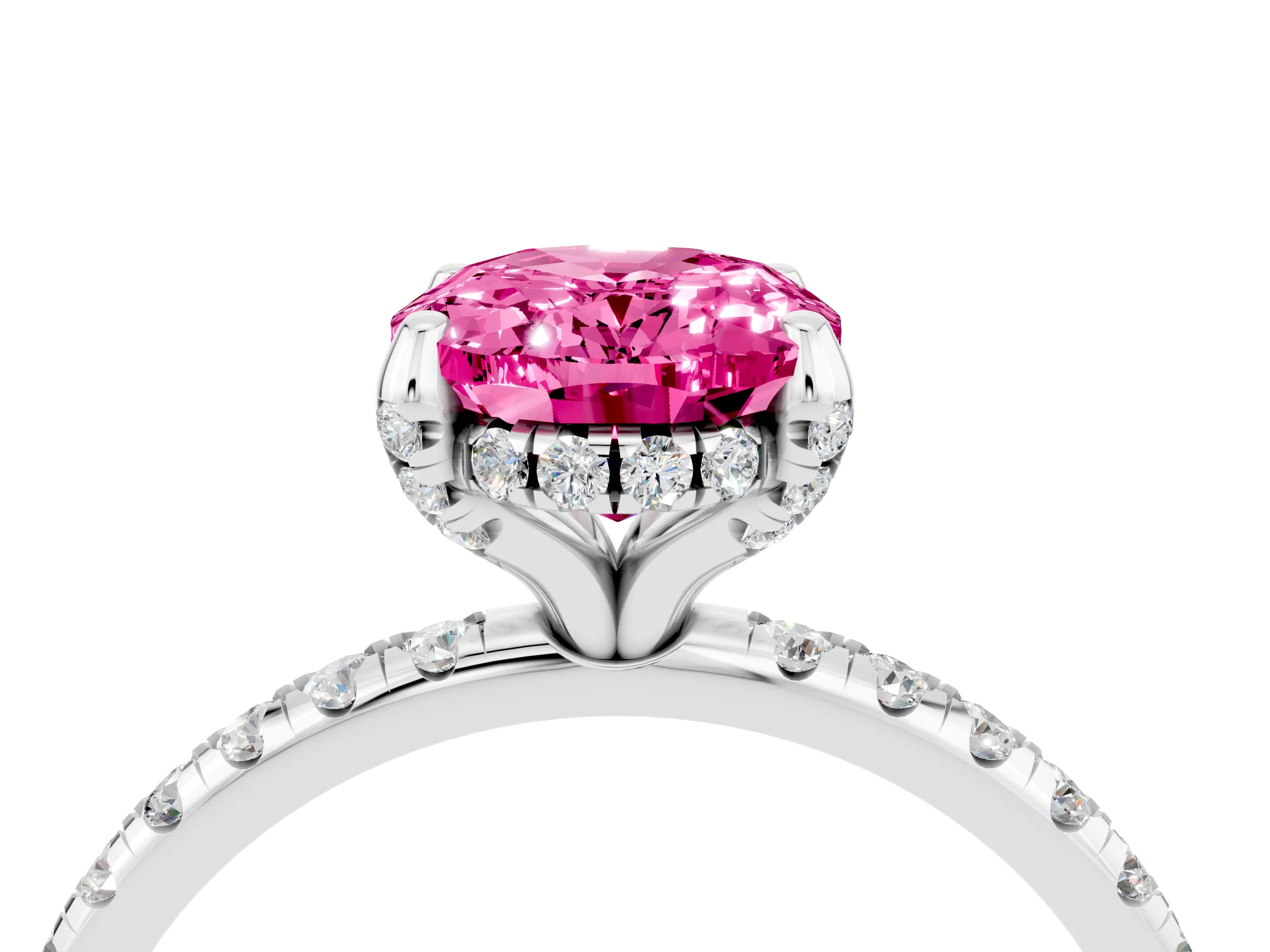 White gold Oval Cut Diamond Solitaire Ring with Four-Prong Setting and Pavé Band_4