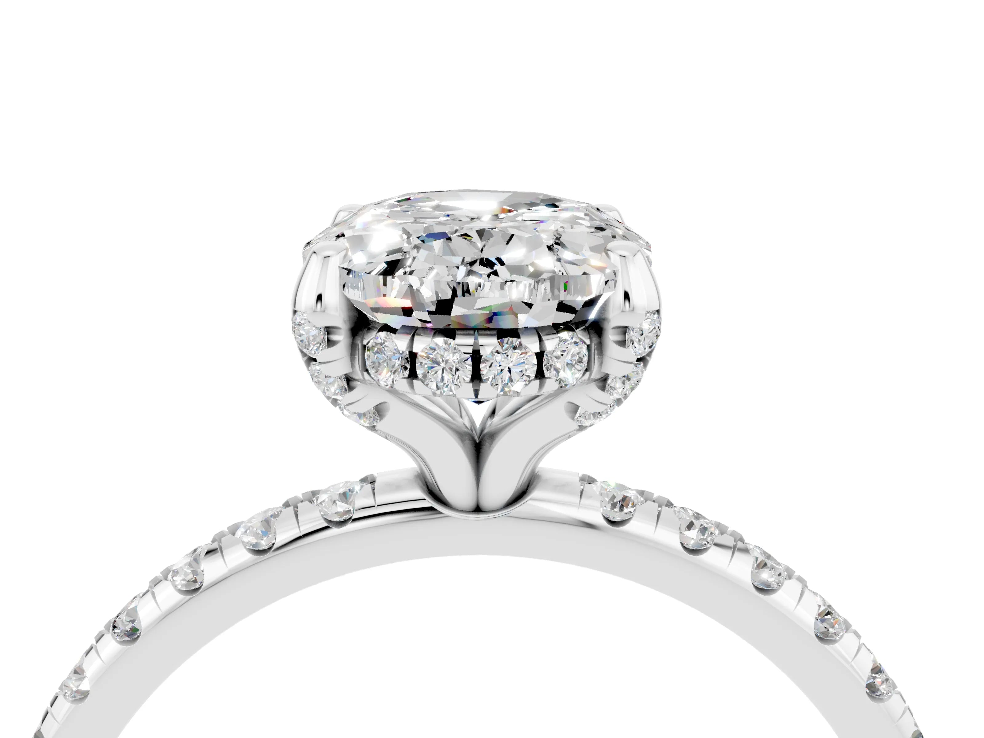White gold Oval Cut Diamond Solitaire Ring with Four-Prong Setting and Pavé Band_4
