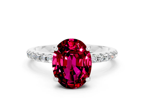Silver Oval Cut Garnet Hidden Halo Engagement Ring with Round Pavé Band and Prong Setting