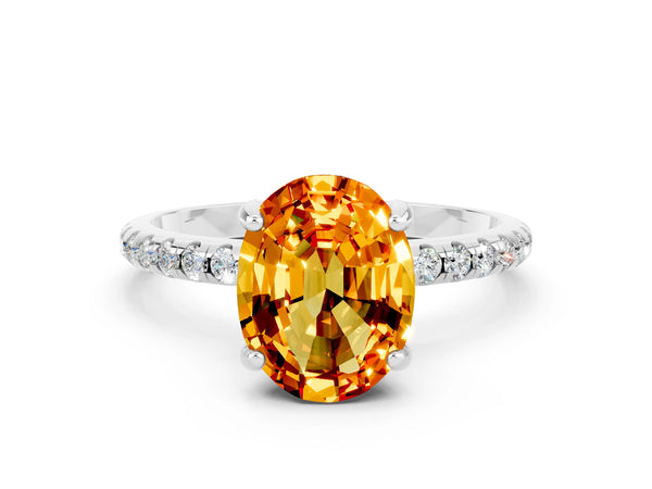 Silver Oval Cut Citrine Hidden Halo Engagement Ring with Round Pavé Band and Prong Setting
