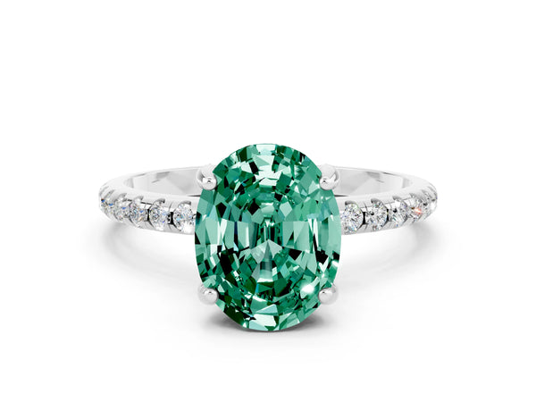 Silver Oval Cut Green Sapphire Hidden Halo Engagement Ring with Round Pavé Band and Prong Setting