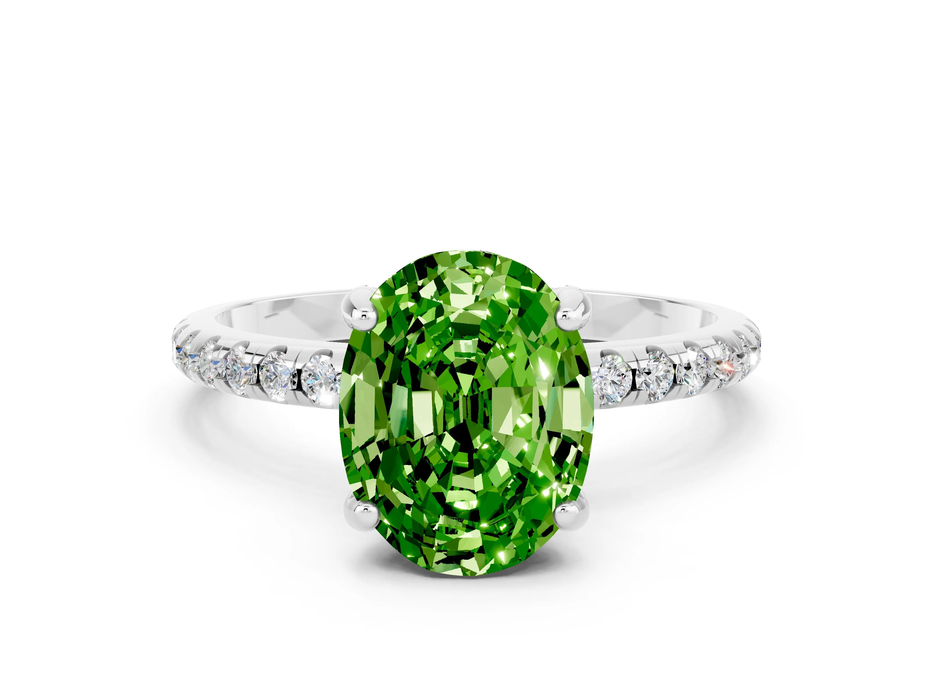 White gold Oval Cut Diamond Solitaire Ring with Four-Prong Setting and Pavé Band