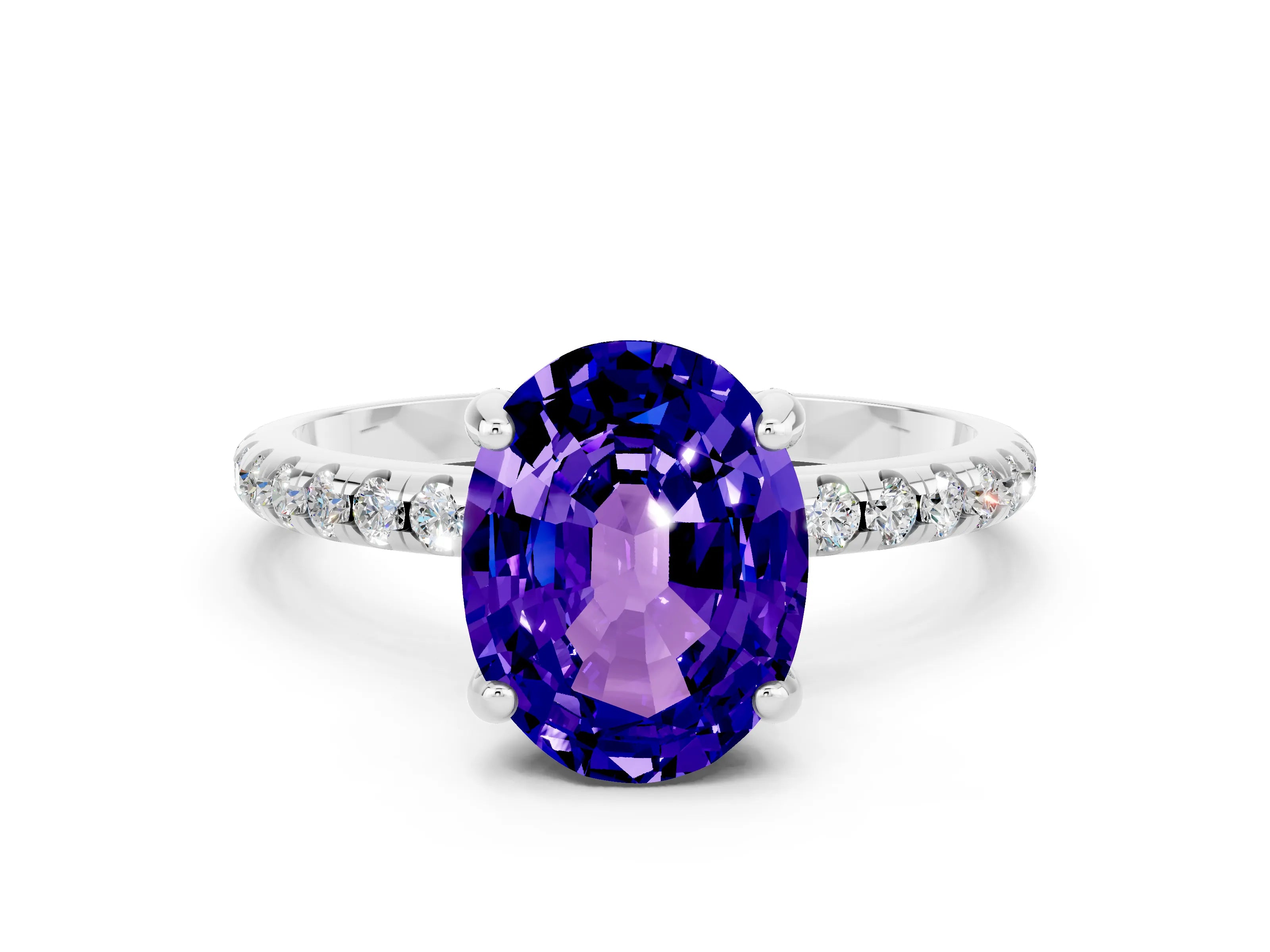White gold Oval Cut Diamond Solitaire Ring with Four-Prong Setting and Pavé Band