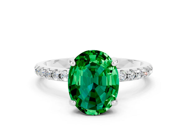 White gold Oval Cut Emerald Hidden Halo Engagement Ring with Round Pavé Band and Prong Setting