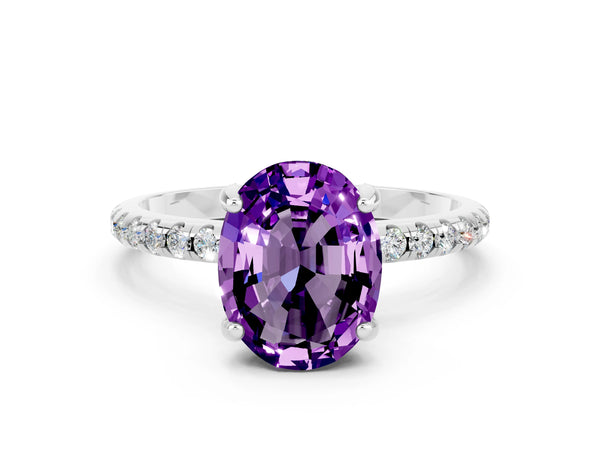 Platinum Oval Cut Amethyst Hidden Halo Engagement Ring with Round Pavé Band and Prong Setting