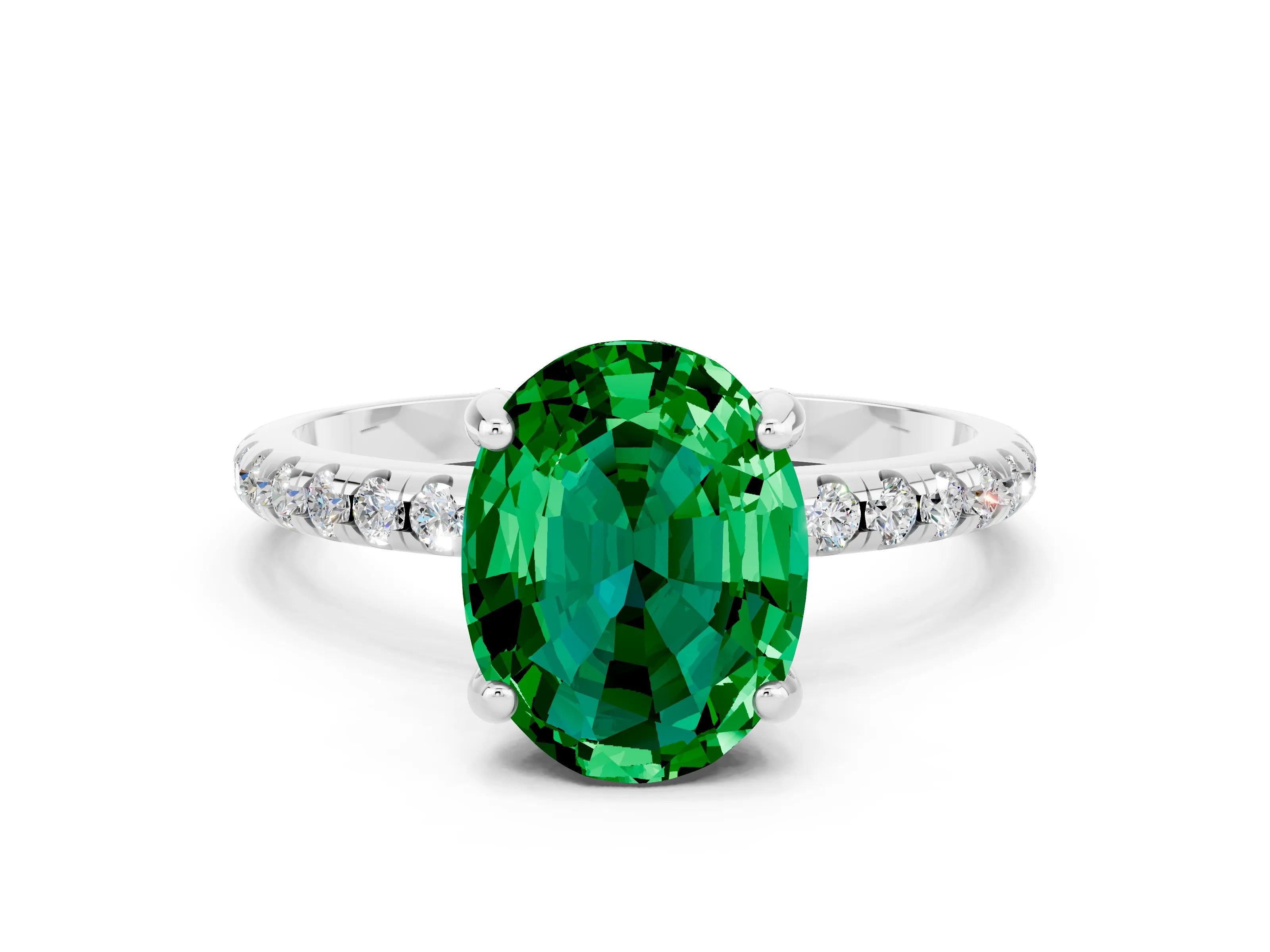 White gold Oval Cut Diamond Solitaire Ring with Four-Prong Setting and Pavé Band