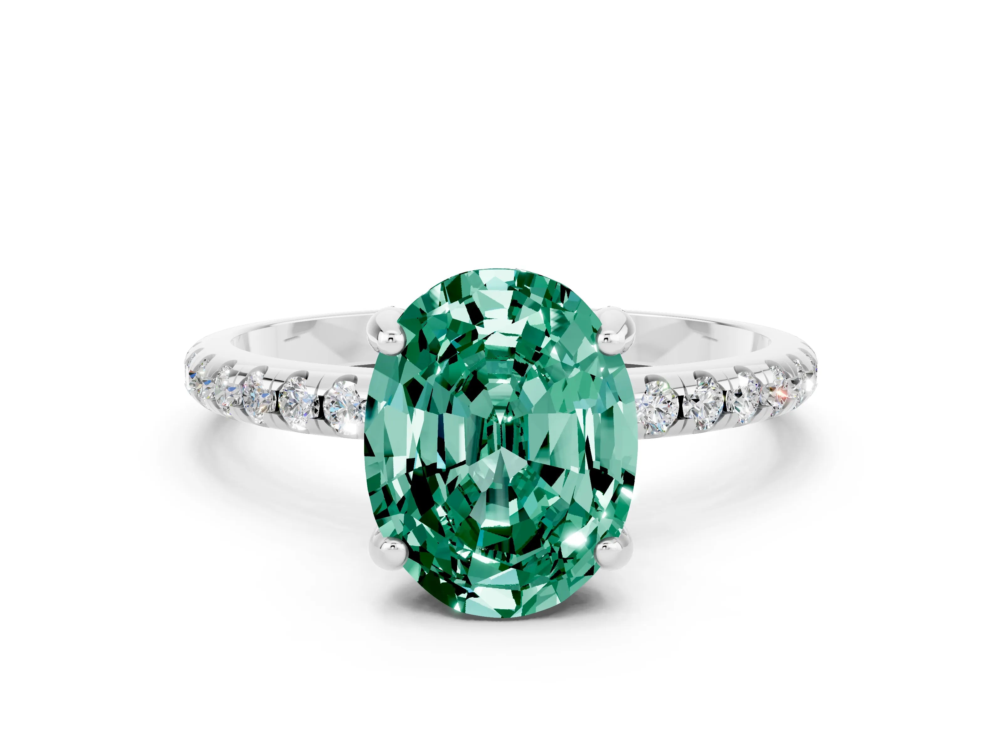 White gold Oval Cut Diamond Solitaire Ring with Four-Prong Setting and Pavé Band