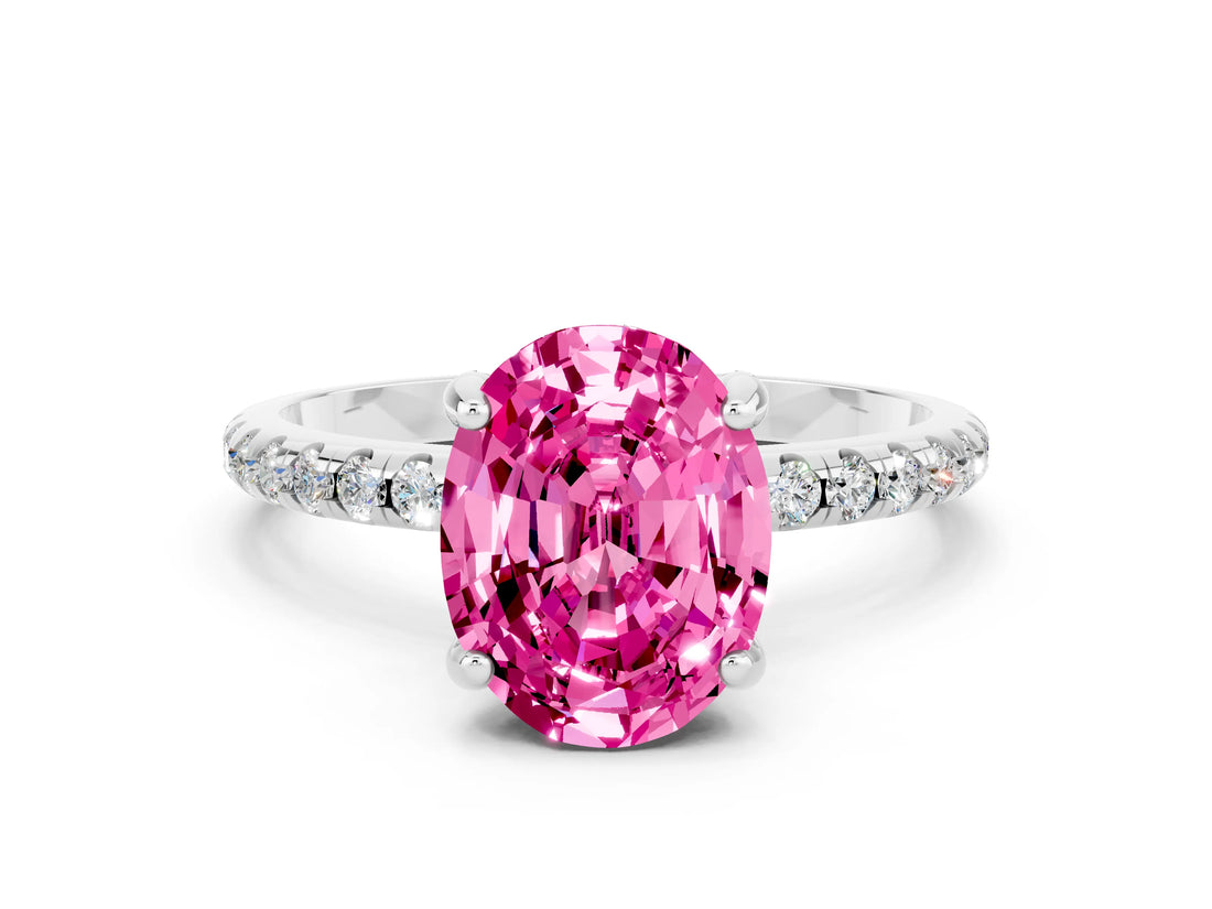 White gold Oval Cut Diamond Solitaire Ring with Four-Prong Setting and Pavé Band
