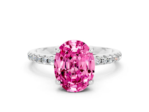 White gold Oval Cut Diamond Solitaire Ring with Four-Prong Setting and Pavé Band