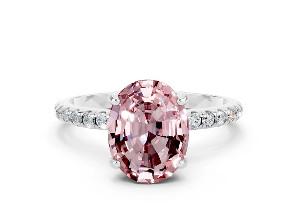 Silver Oval Cut Diamond Solitaire Ring with Four-Prong Setting and Pavé Band