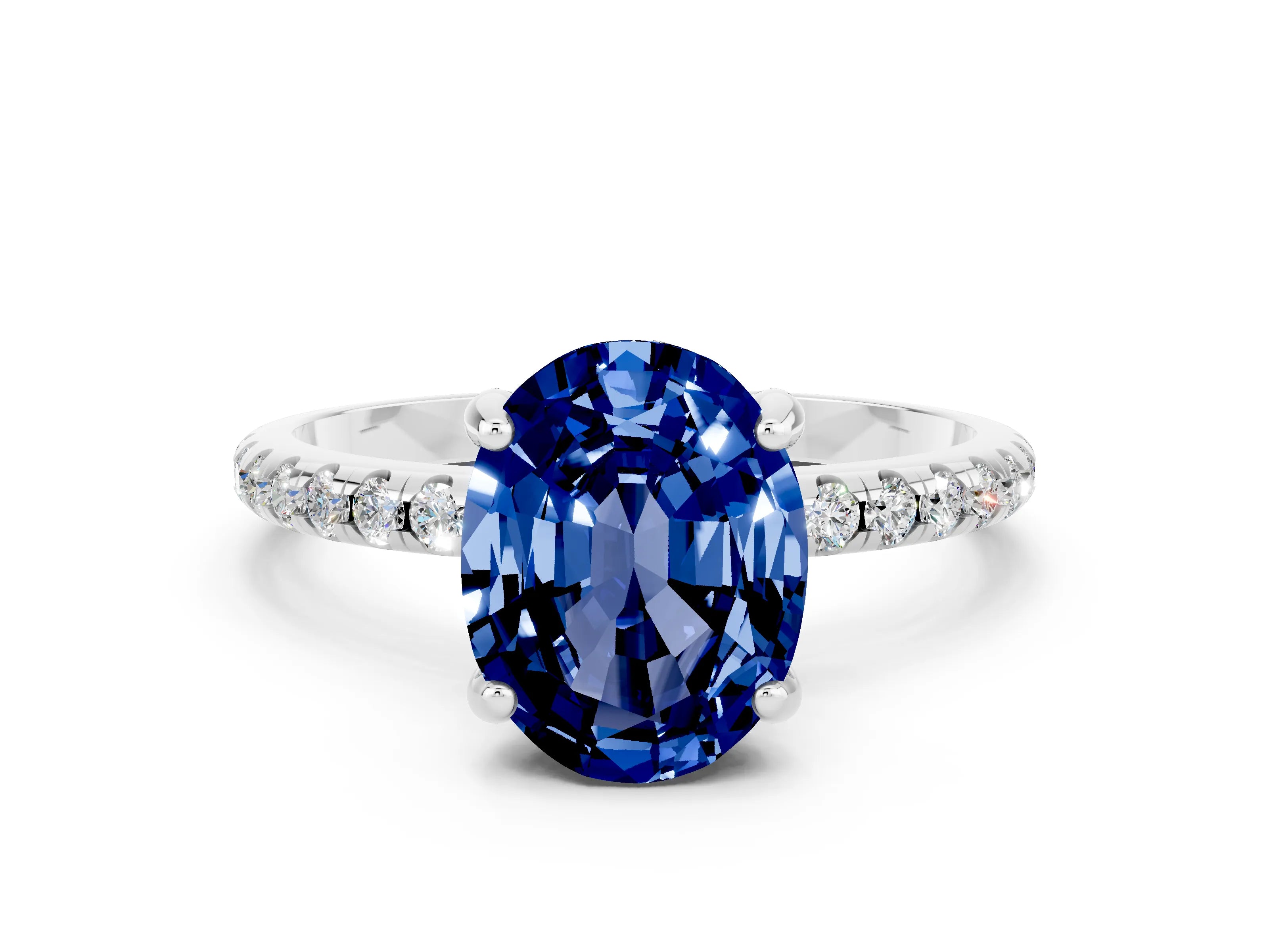 White gold Oval Cut Diamond Solitaire Ring with Four-Prong Setting and Pavé Band