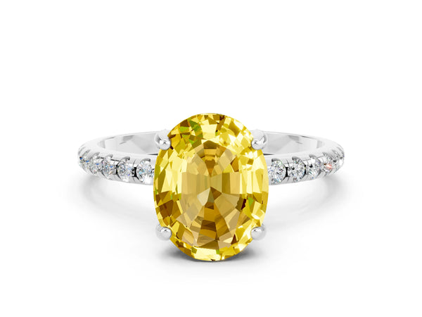 Silver Oval Cut Yellow Sapphire Hidden Halo Engagement Ring with Round Pavé Band and Prong Setting