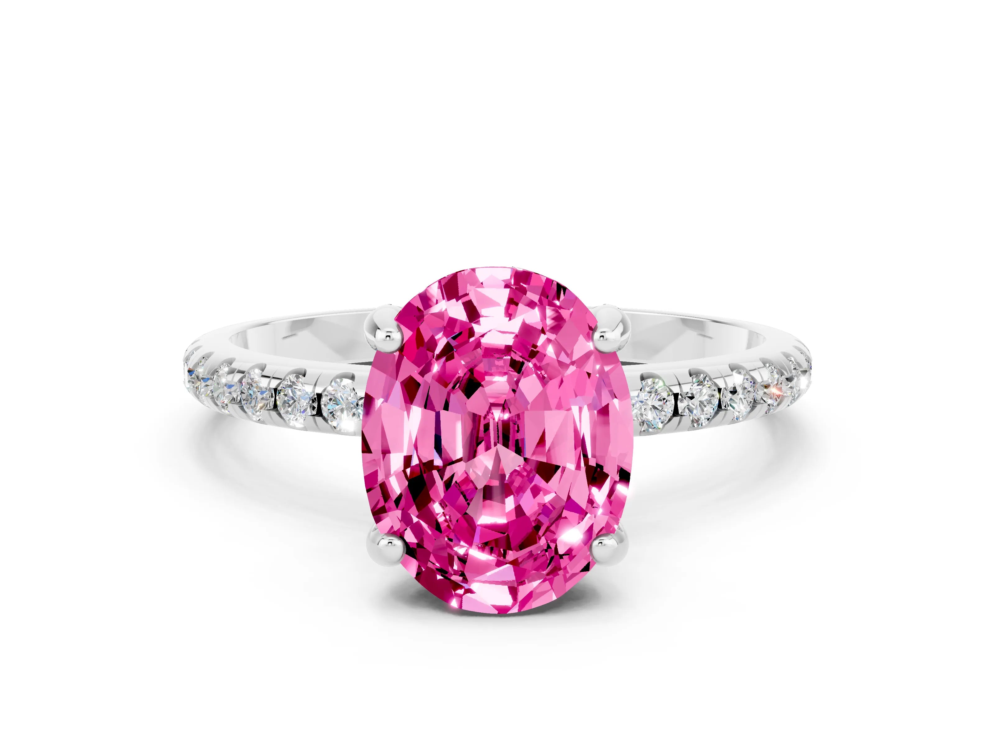 White gold Oval Cut Diamond Solitaire Ring with Four-Prong Setting and Pavé Band