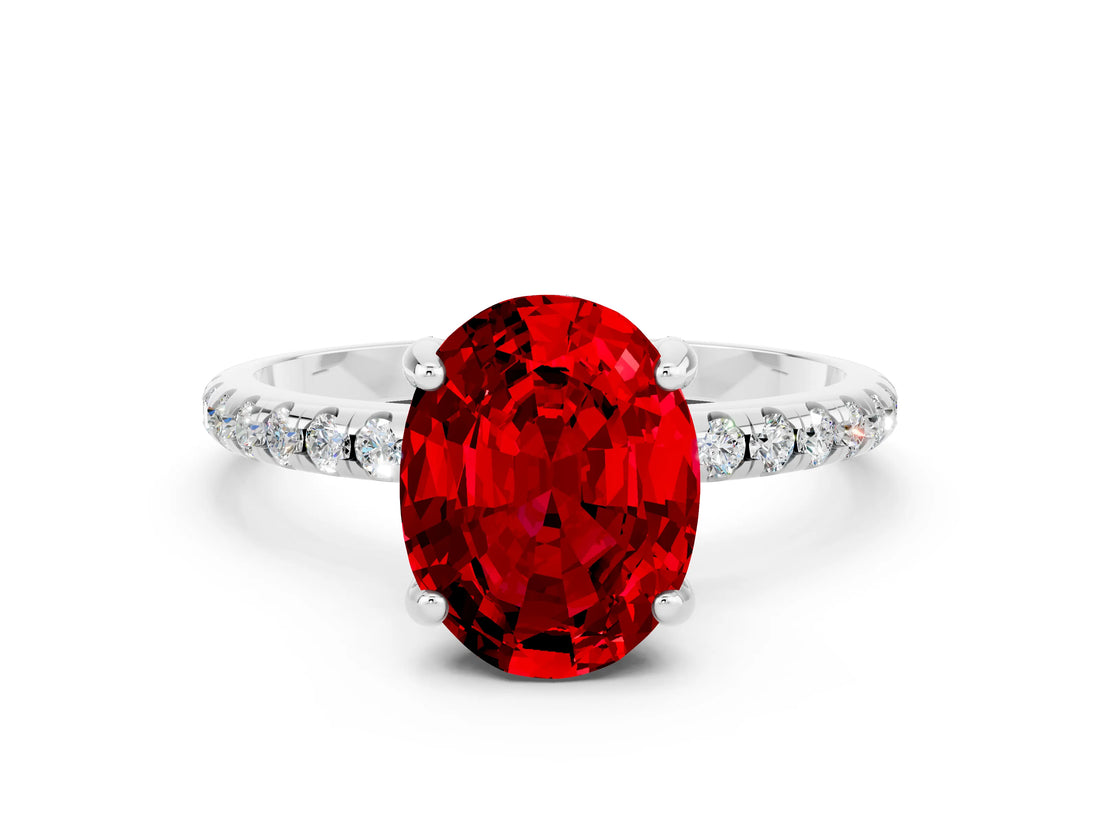 White gold Oval Cut Diamond Solitaire Ring with Four-Prong Setting and Pavé Band