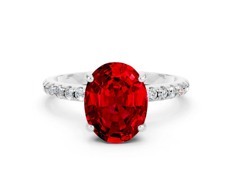 White gold Oval Cut Diamond Solitaire Ring with Four-Prong Setting and Pavé Band