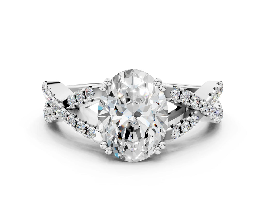 White gold Oval Cut Diamond Solitaire Ring with Four-Prong Setting and Twisted Pavé Band_58