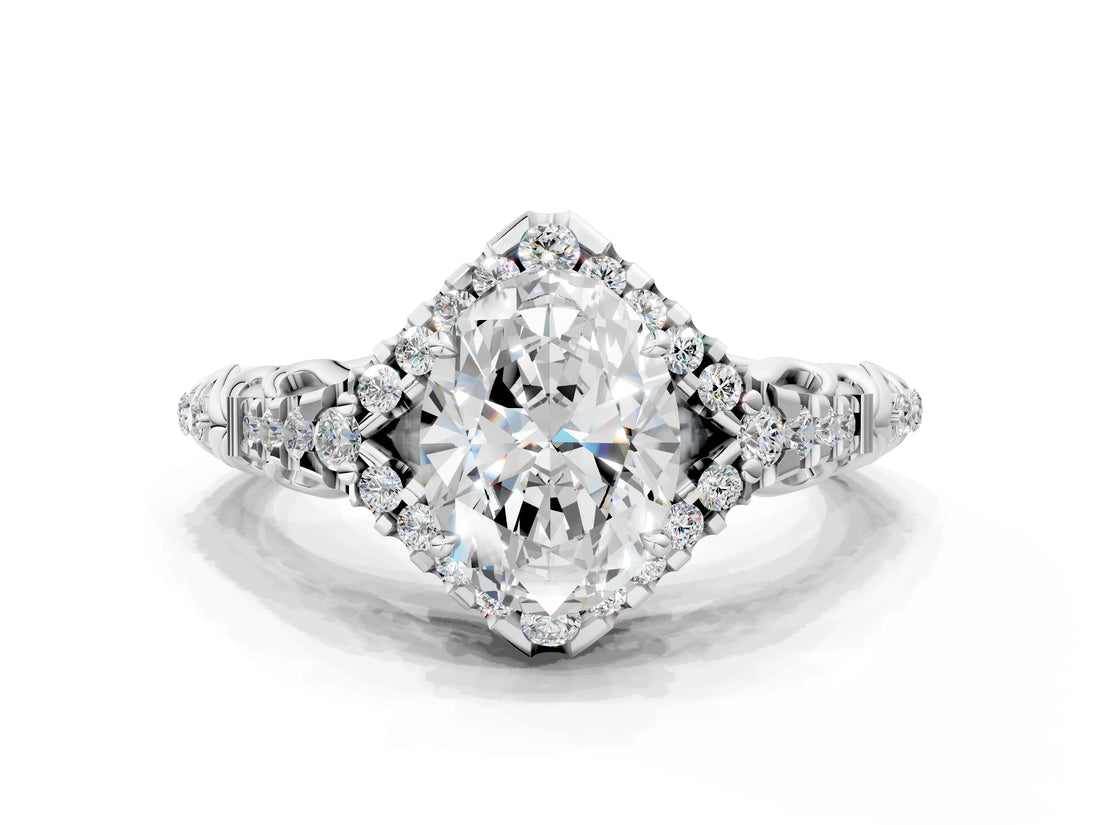 White gold Oval Cut Diamond Solitaire Ring with Hidden Halo and Pavé Band_33