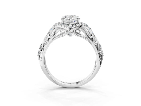 Sterling Silver Oval Hidden Halo Vintage Filigree Engagement Ring Setting with Pave Band