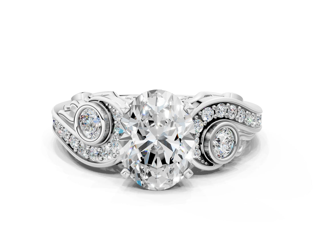 White gold Oval Cut Diamond Solitaire Ring with Milgrain Pavé Band and Four-Prong Setting_200