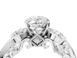 White gold Oval Cut Diamond Solitaire Ring with Milgrain Pavé Band and Four-Prong Setting_204