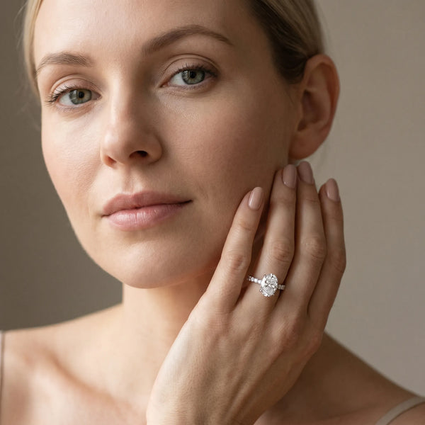 White Gold Oval Hidden Halo Solitaire Engagement Ring Setting with Single Row Pave Band