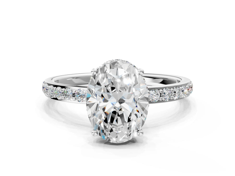 White gold Oval Cut Diamond Solitaire Ring with Pavé Band and Hidden Halo