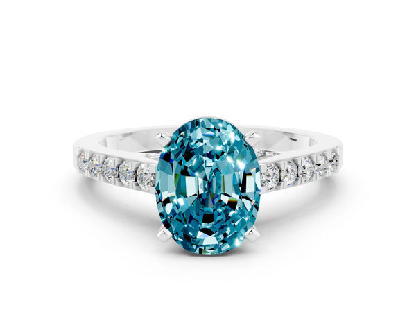 Platinum Oval Cut Blue Topaz Solitaire Ring with Crossover Gallery and Round  Pavé Band