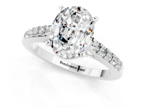 White gold Oval Cut Moissanite Solitaire Ring with Crossover Gallery and Round  Pavé Band