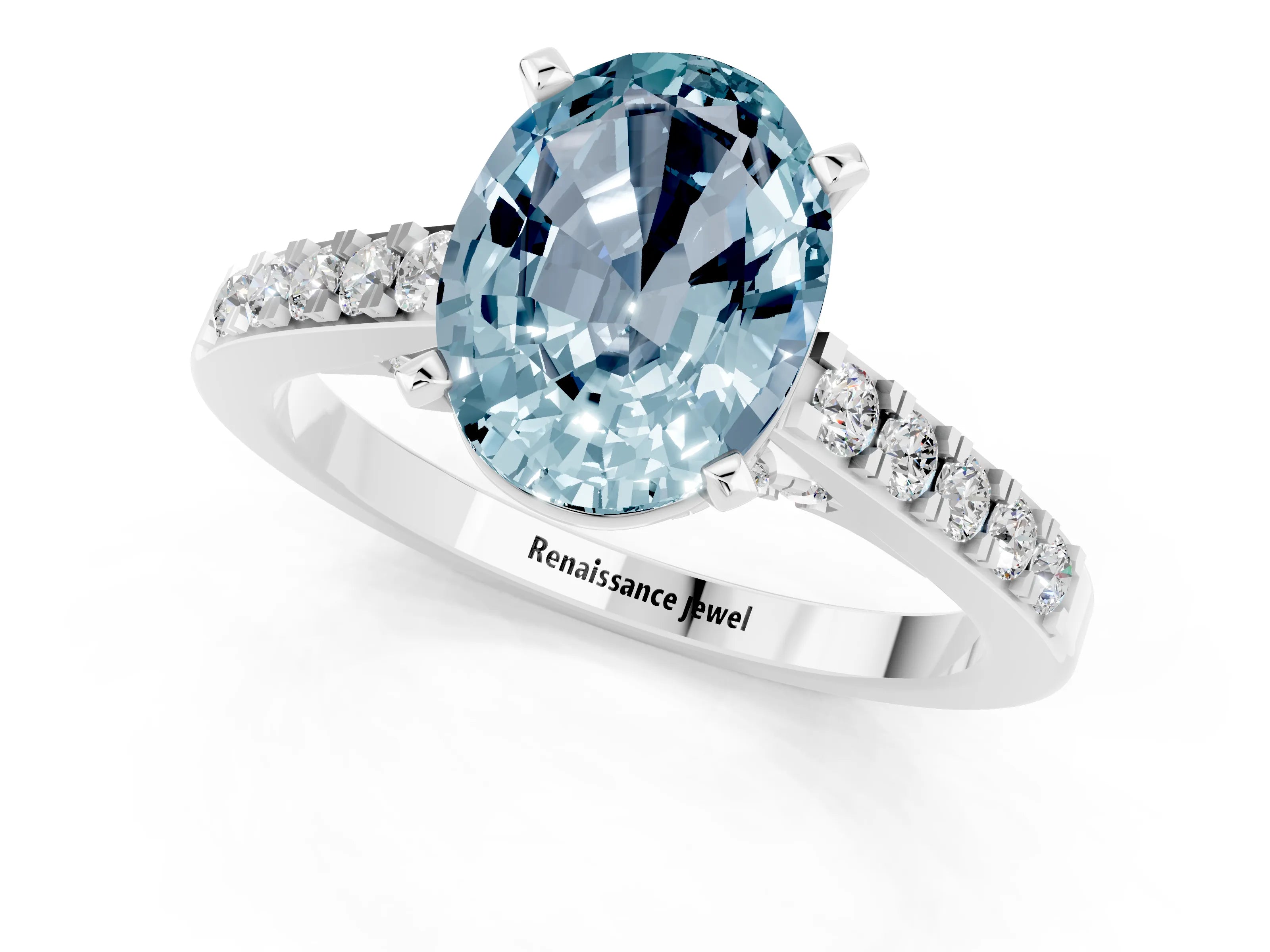 White gold Oval Cut Diamond Solitaire Ring with Pavé Band and Prong Setting_1
