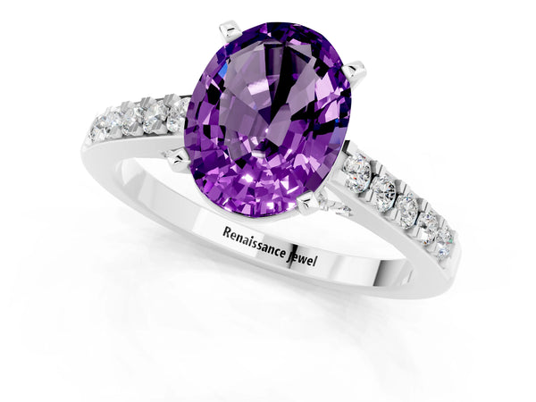 Silver Oval Cut Amethyst Solitaire Ring with Crossover Gallery and Round  Pavé Band