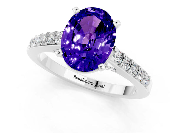 White gold Oval Cut Tanzanite Solitaire Ring with Crossover Gallery and Round  Pavé Band