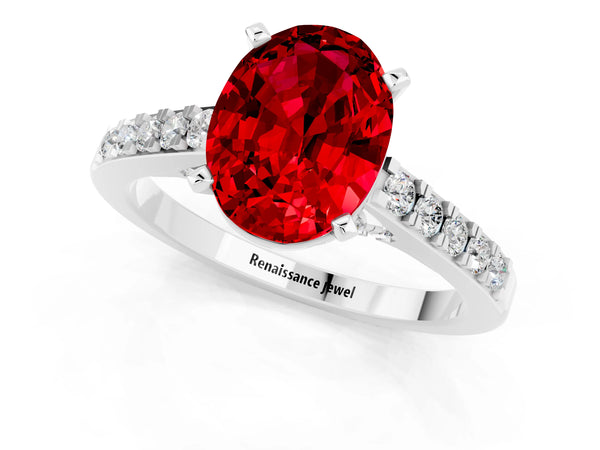 Silver Oval Cut Ruby Solitaire Ring with Crossover Gallery and Round  Pavé Band