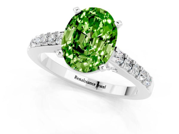 Platinum Oval Cut Peridot Solitaire Ring with Crossover Gallery and Round  Pavé Band