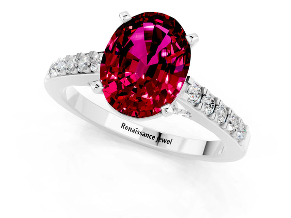 Platinum Oval Cut Garnet Solitaire Ring with Crossover Gallery and Round  Pavé Band