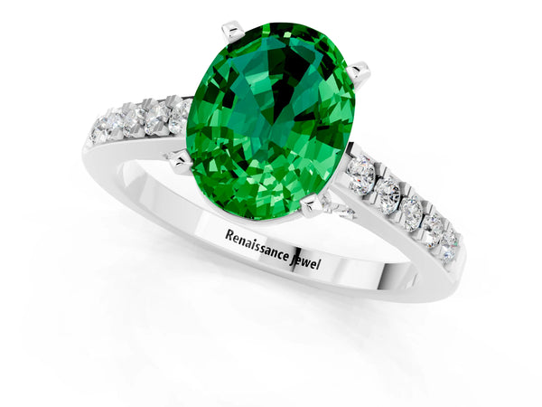 Silver Oval Cut Emerald Solitaire Ring with Crossover Gallery and Round  Pavé Band