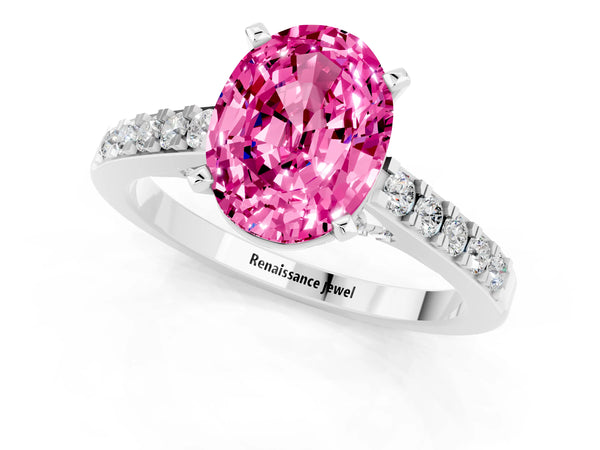 Silver Oval Cut Pink Sapphire Solitaire Ring with Crossover Gallery and Round  Pavé Band