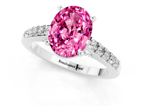 White gold Oval Cut Diamond Solitaire Ring with Pavé Band and Prong Setting_1