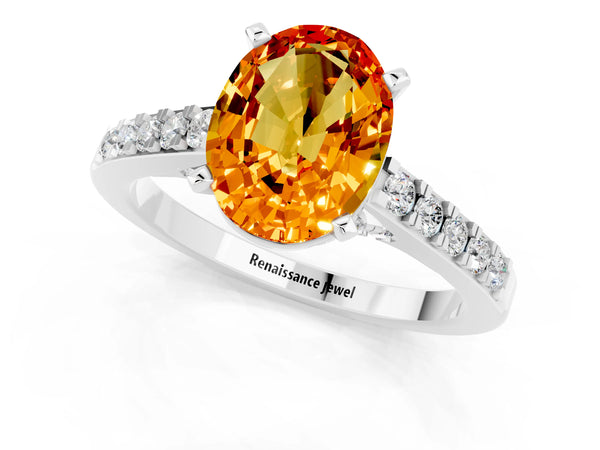 Platinum Oval Cut Citrine Solitaire Ring with Crossover Gallery and Round  Pavé Band